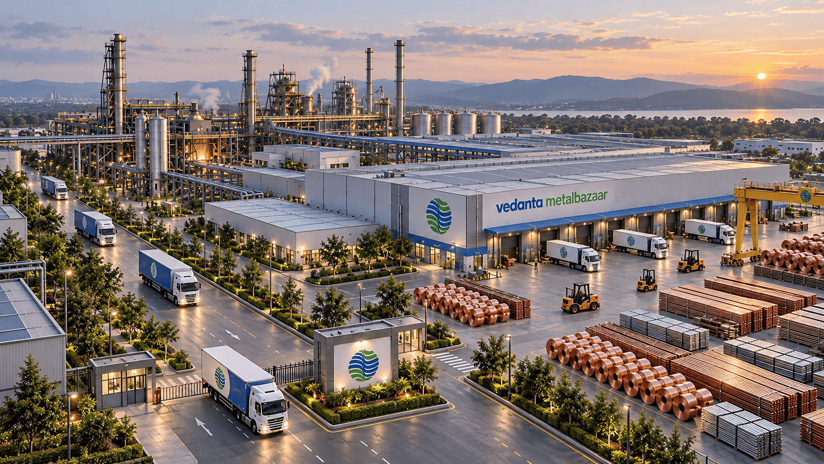 Wide view of the full Vedanta Metal Bazaar plant with trucks moving through the yard