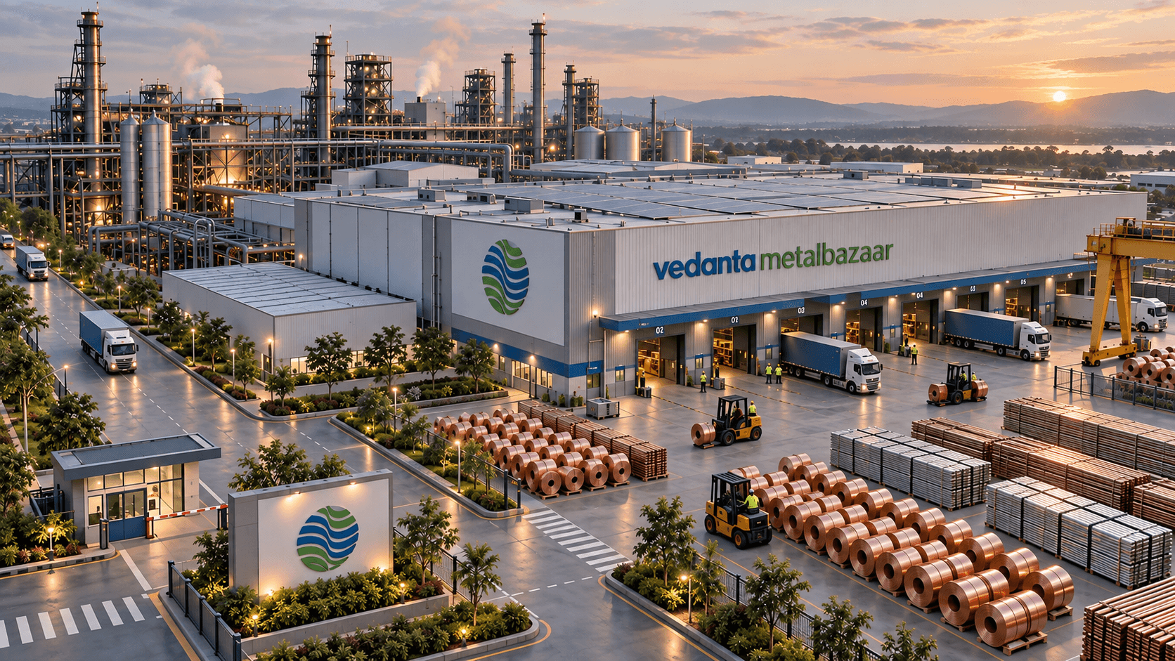 Aerial view of the Vedanta Metal Bazaar industrial plant at sunrise, with coils and rods staged in the yard