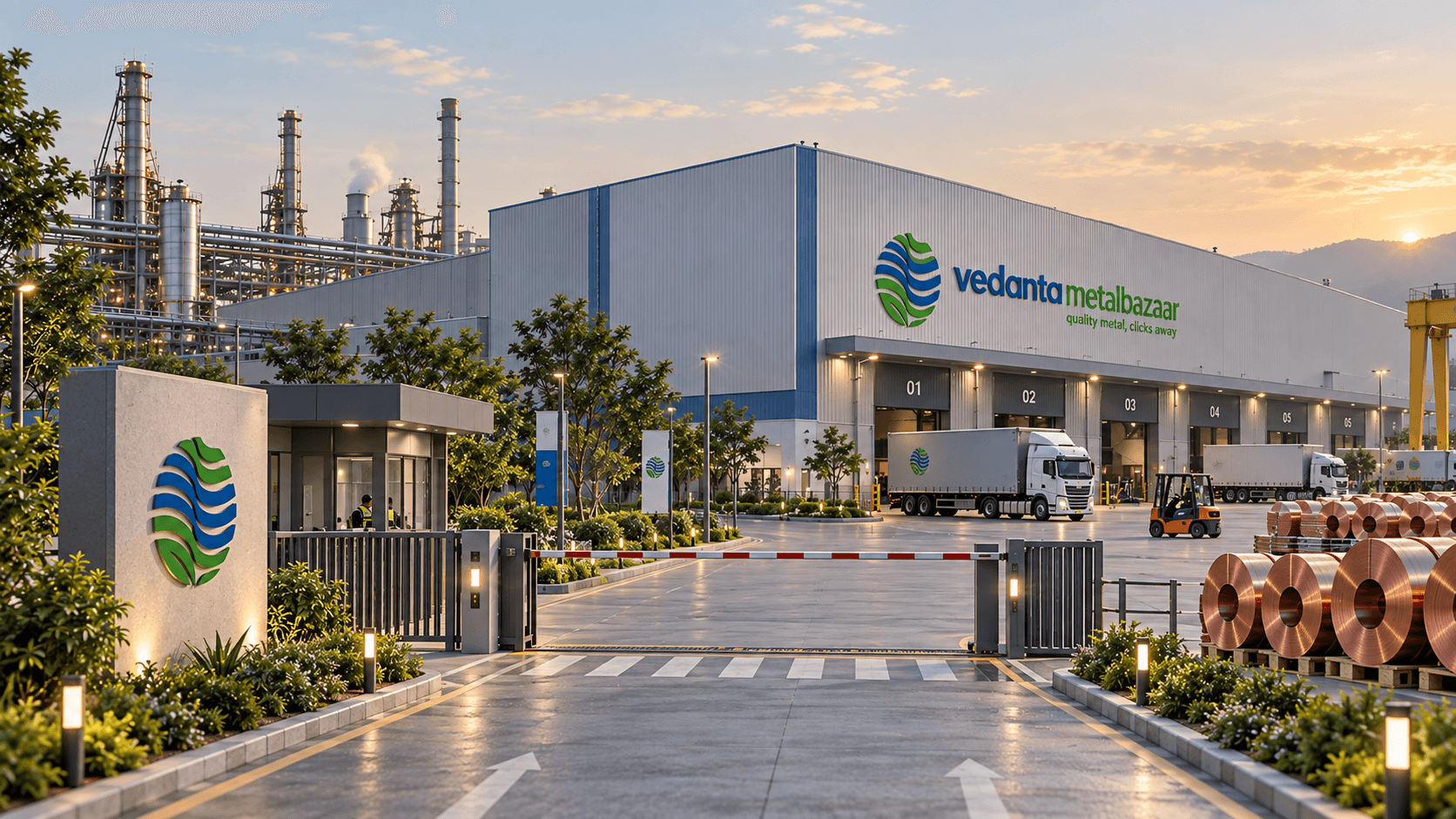 Entrance gate of the Vedanta Metal Bazaar facility at dusk