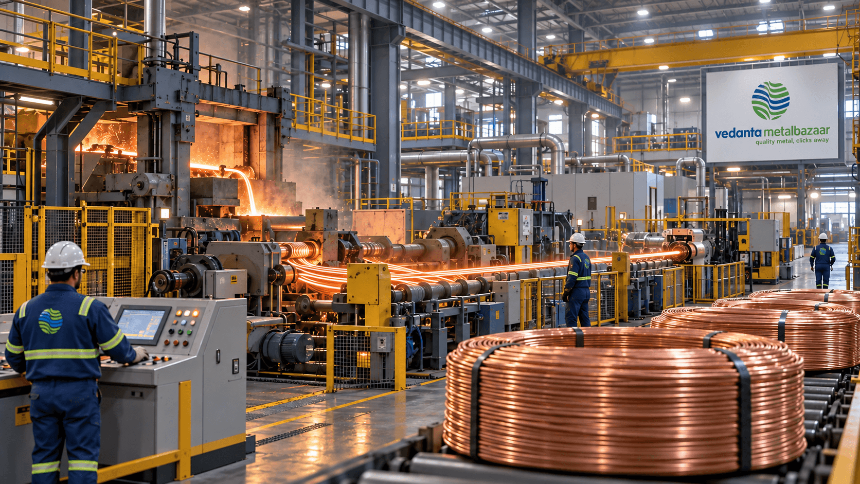 Molten copper being processed on the rolling line, workers monitoring the line