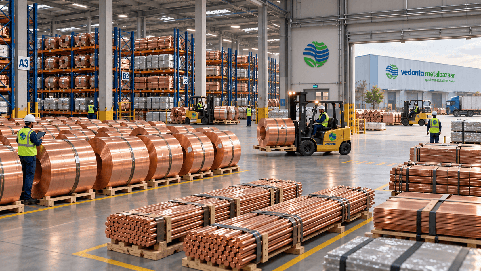 Finished copper coils and rods staged in the warehouse, ready for dispatch