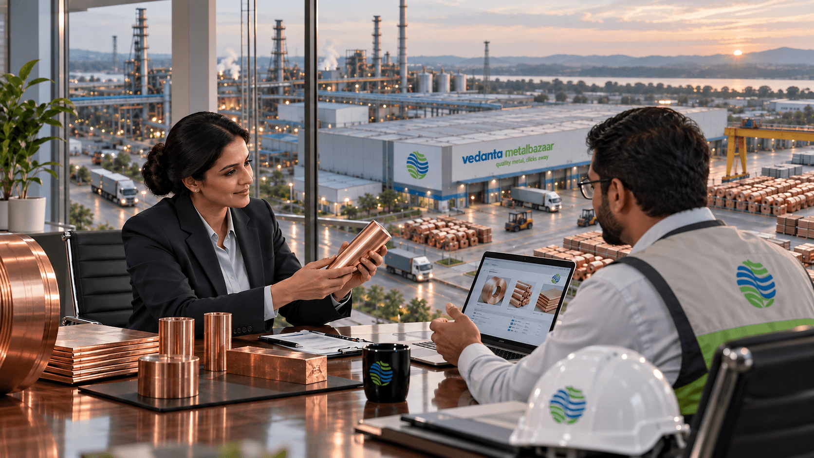 A buyer and plant representative reviewing copper samples with the plant visible through the window