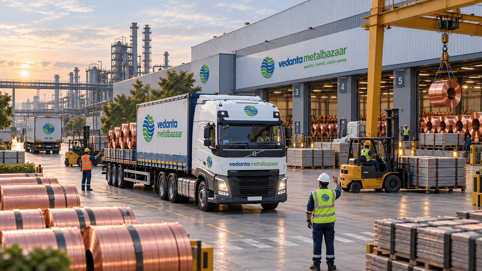 Trucks being loaded with copper coils in the dispatch yard