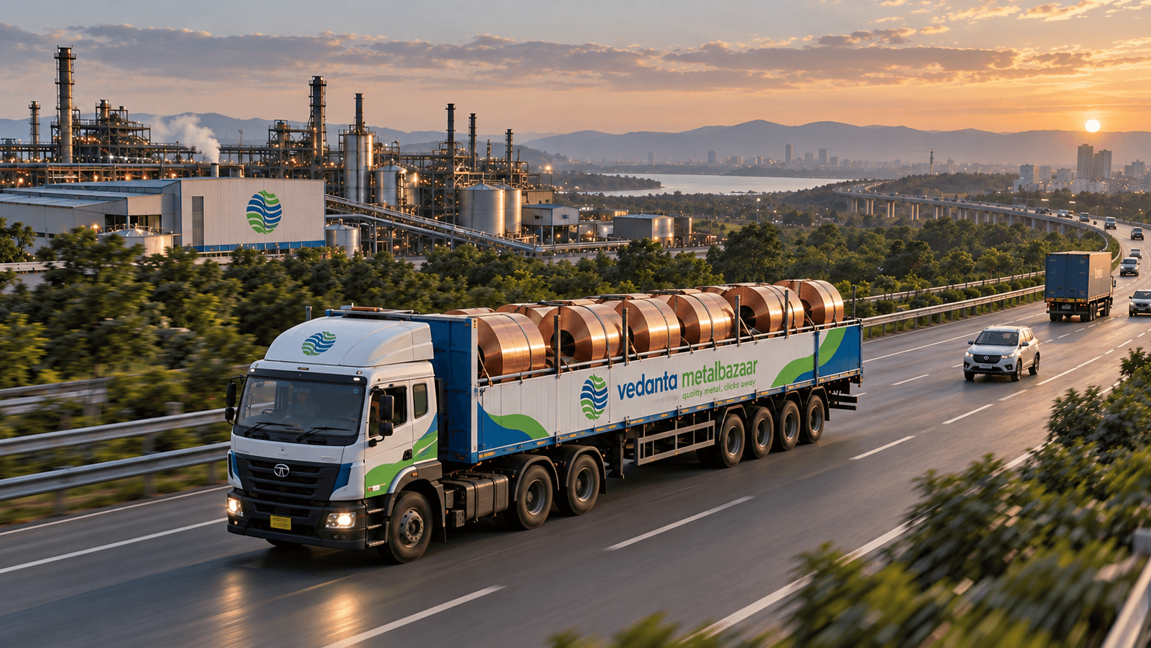 A loaded truck travelling the highway toward its destination, city skyline in the distance